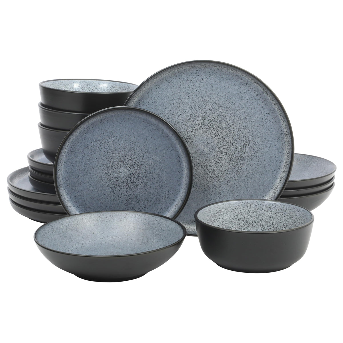 Gibson Elite Tribeca Loft 16-Piece Dinnerware Set – Matte Black and Blue Reactive Glaze Stoneware, Double Bowl Round Plates and Bowls – Modern Rustic Dinnerware for 4, Dishwasher & Microwave Safe