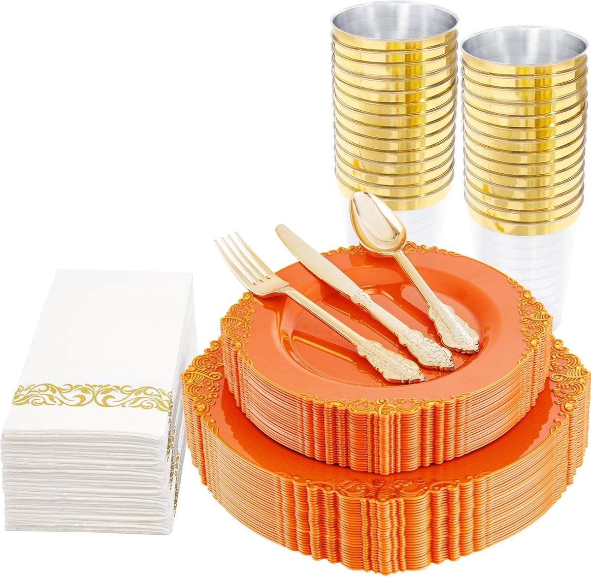 Nervure 350Pcs Gold Plastic Plates, Disposable Dinnerware Set for 50 Guests