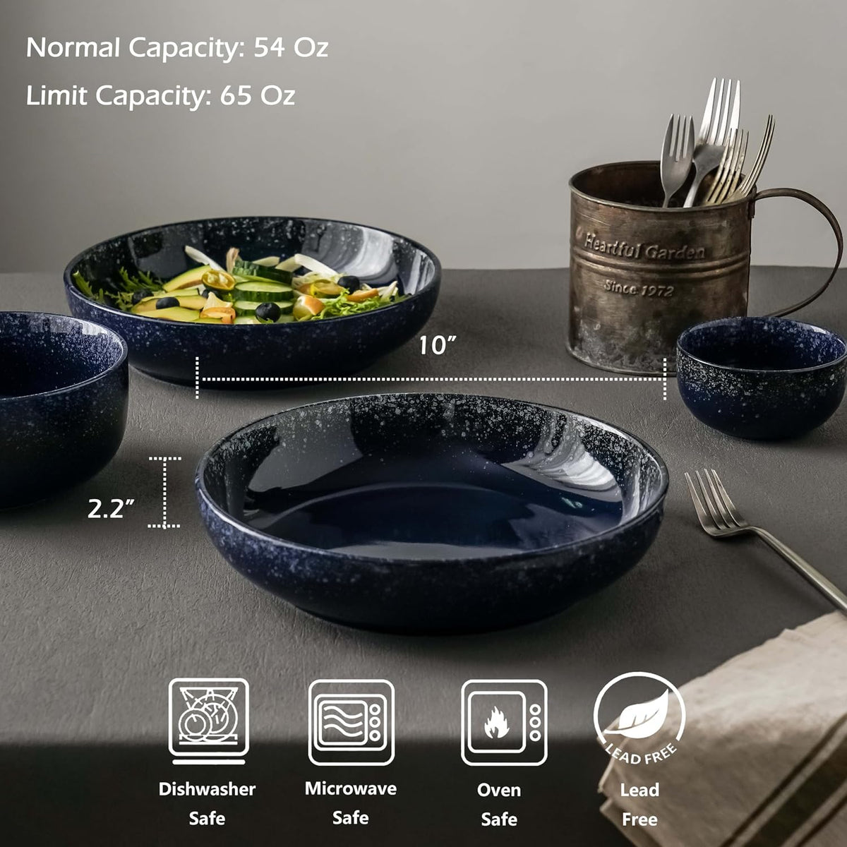 S&Q'S CERAMICS Large Serving Bowls Set of 4, 65 ounce Large Salad Bowls, 10'' Ceramic Wide Shallow Bowl Plates, Pasta Serving Dishes for Party, Entertaining, Microwave Safe(Navy Blue)