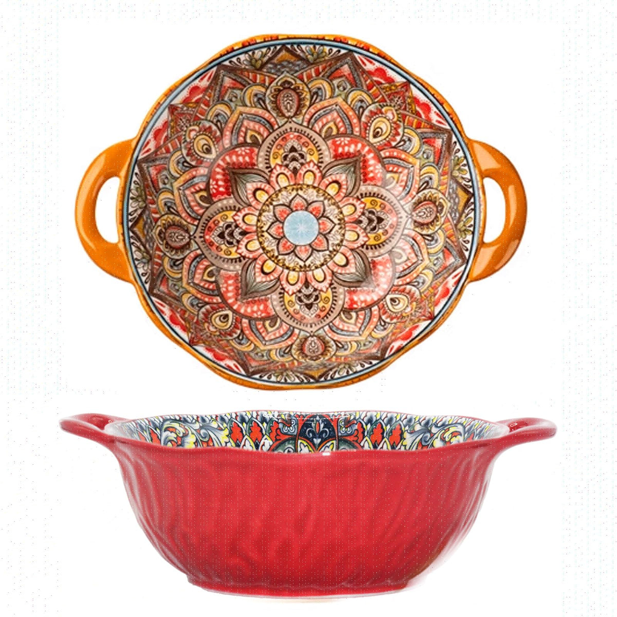 Bohemia Large Bowls with Handle, 40 oz Ceramic Soup Bowl for Salad, Pasta, Cereal,Fruit, Udon, Microwave & Dishwasher Safe (Orange)