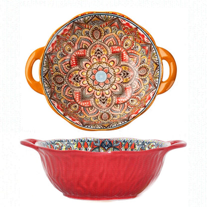 Bohemia Large Bowls with Handle, 40 oz Ceramic Soup Bowl for Salad, Pasta, Cereal,Fruit, Udon, Microwave & Dishwasher Safe (Orange)