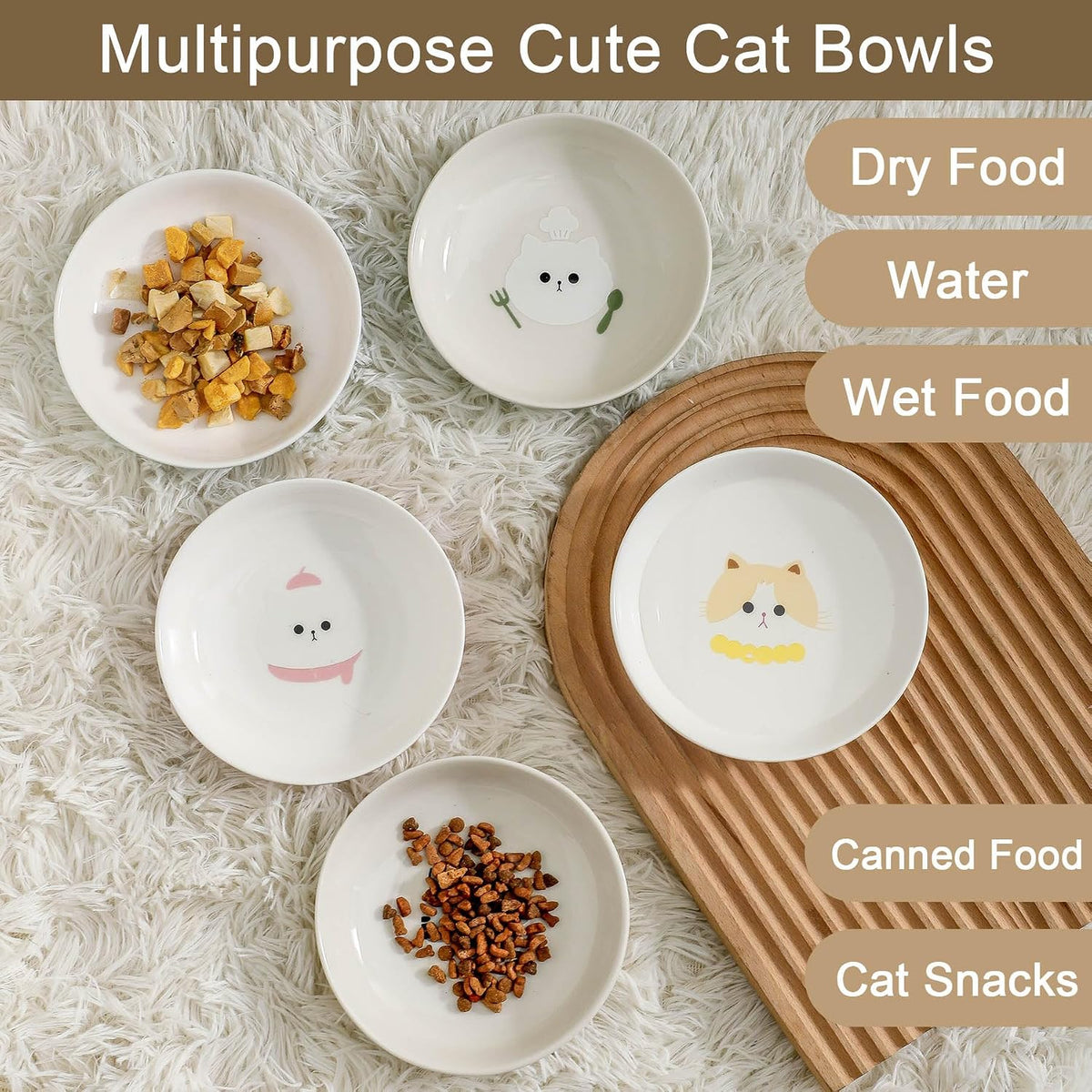 Ceramic Cat Bowls Set - 5.7 inch Wide Cat Food Bowls Whisker Fatigue Friendly, 5 Colorful Kitten Dish Plates with Cute Pattern for Wet and Dry Food Water