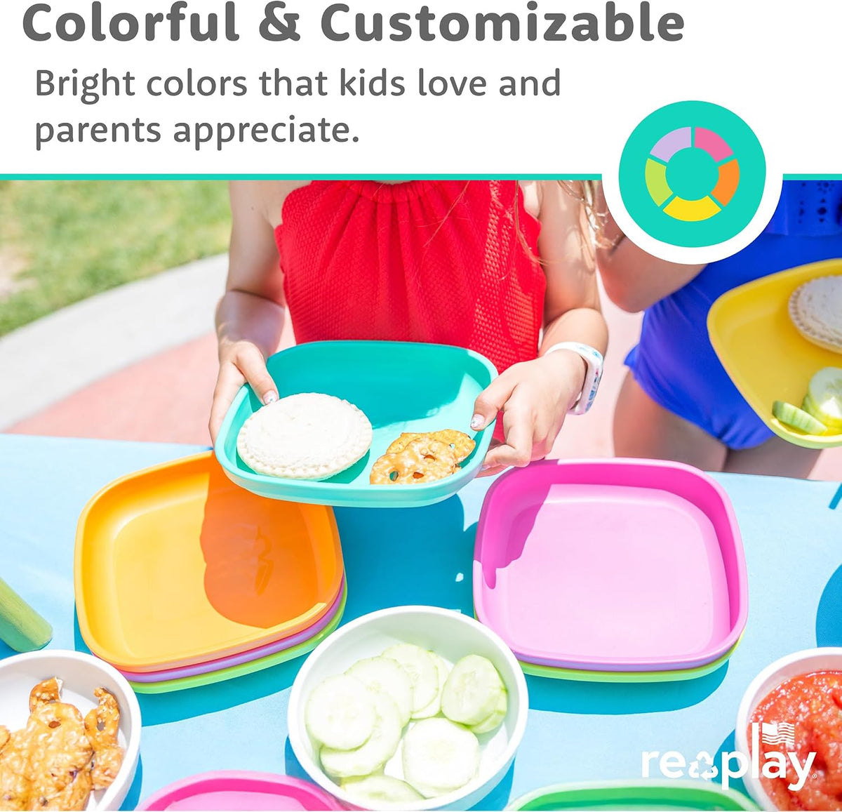 Re-Play Toddler Plates - 22 Oz. Deep-Walled Flat Kids Plates - Dishwasher & Microwave Safe - Made in USA - Set of 3-7.37" x 7.37" x 1.25" - True Blue
