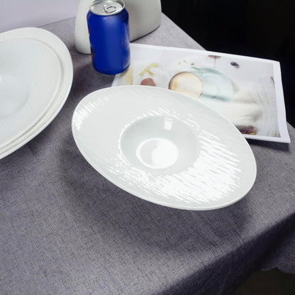 Soup Plates Fine Soup bowls Set of 4, 10.5 Inch Ceramics Oval Rimmed Small Mouth Pasta Plates, for high end restaurants and best choice for gourmets, Modern and stylish tableware