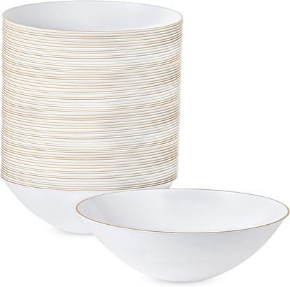 [16 OZ 40 Count] White Plastic Organic Party Soup bowls With Silver Rim Premium heavyweight Elegant Disposable Tableware Dishes