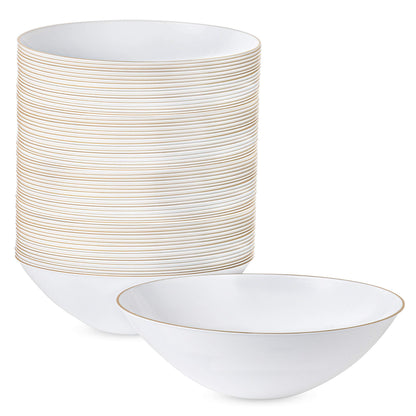 [16 OZ 40 Count] White Plastic Organic Party Soup bowls With Silver Rim Premium heavyweight Elegant Disposable Tableware Dishes