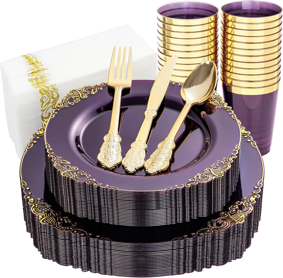Nervure 350Pcs Gold Plastic Plates, Disposable Dinnerware Set for 50 Guests