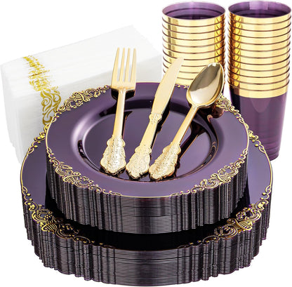 Nervure 350Pcs Gold Plastic Plates, Disposable Dinnerware Set for 50 Guests
