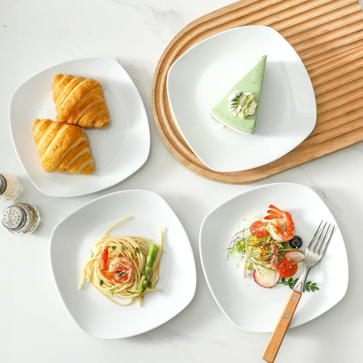 fMBB Ceramic White Dinner Plates Set of 4, Porcelain Square 7.5 inch Dessert Dishes, Serving Flat Plates Salad Dishes - Scratch Resistant, Dishwasher, Microwave, Oven Safe