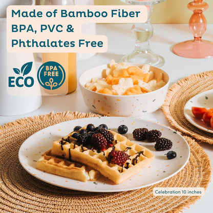 Nook Theory Bamboo Dinnerware Set for Kids – 18 Oz Bowls and Plates Combo for Everyday Meals (Celebration 8")