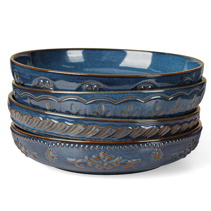 Artena Pasta Bowls, 50oz Large Salad Serving Bowls, 9.75'' Plates Bowl Set of 4, Big White Ceramic Soup Bowl for Kitchen, Embossment Shallow Dinner Bowl, Microwave Dishwasher Safe, Damask Floral