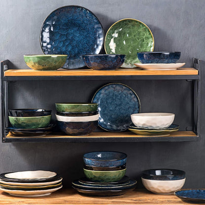 vicrays Ceramic Salad Bowls Set for Kitchen, Serving - 32 Ounce Soup Bowls, Pasta Bowls, Chip Resistant, Dishwasher Microwave Safe, Large, Fluted, stoneware, Set of 4 (Green)