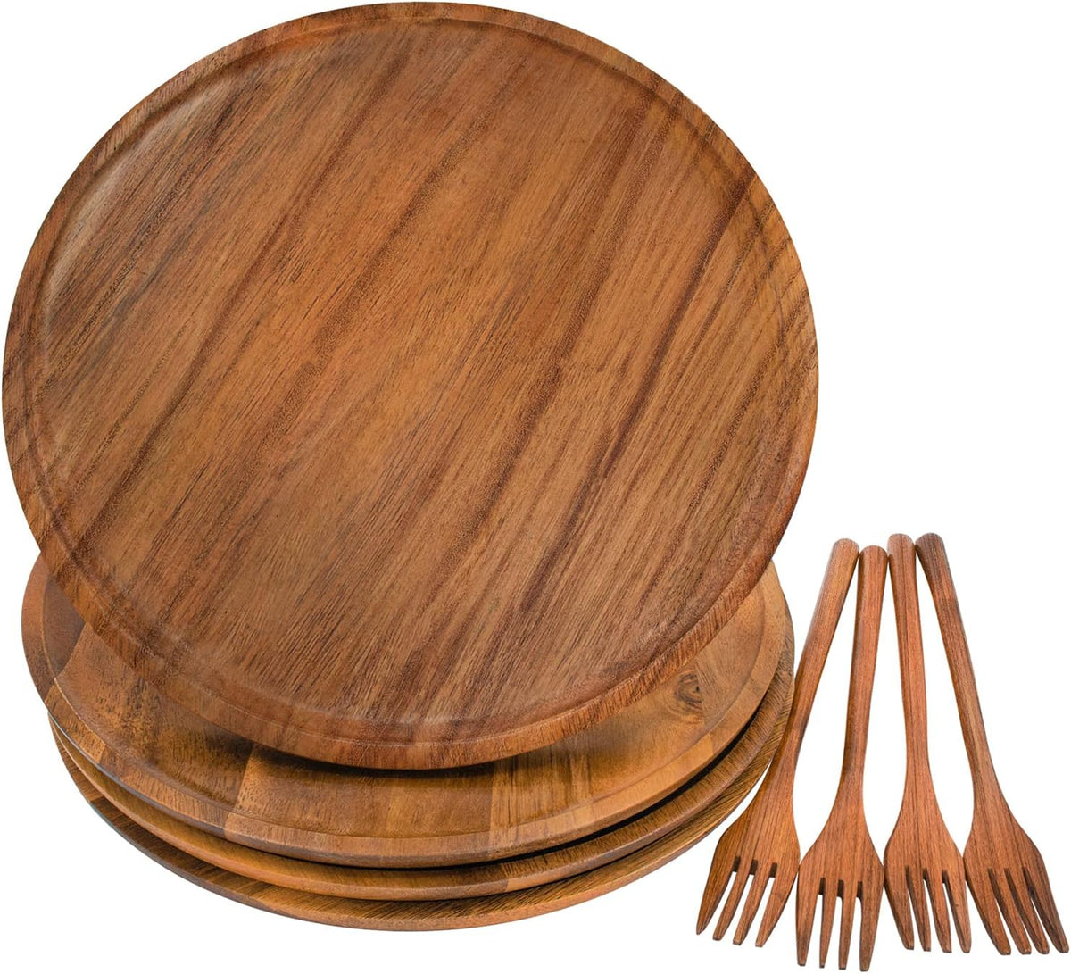 Wooden Plates, Wood Dinner Plates with Forks, Reusable Handmade Natural Wood Flatware Set for Cooking, Eating, Housewarming(Set of 4, Large 11" x 11")