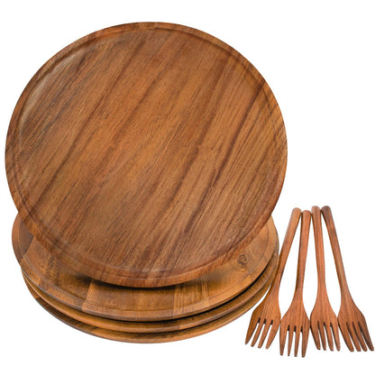 Wooden Plates, Wood Dinner Plates with Forks, Reusable Handmade Natural Wood Flatware Set for Cooking, Eating, Housewarming(Set of 4, Large 11" x 11")