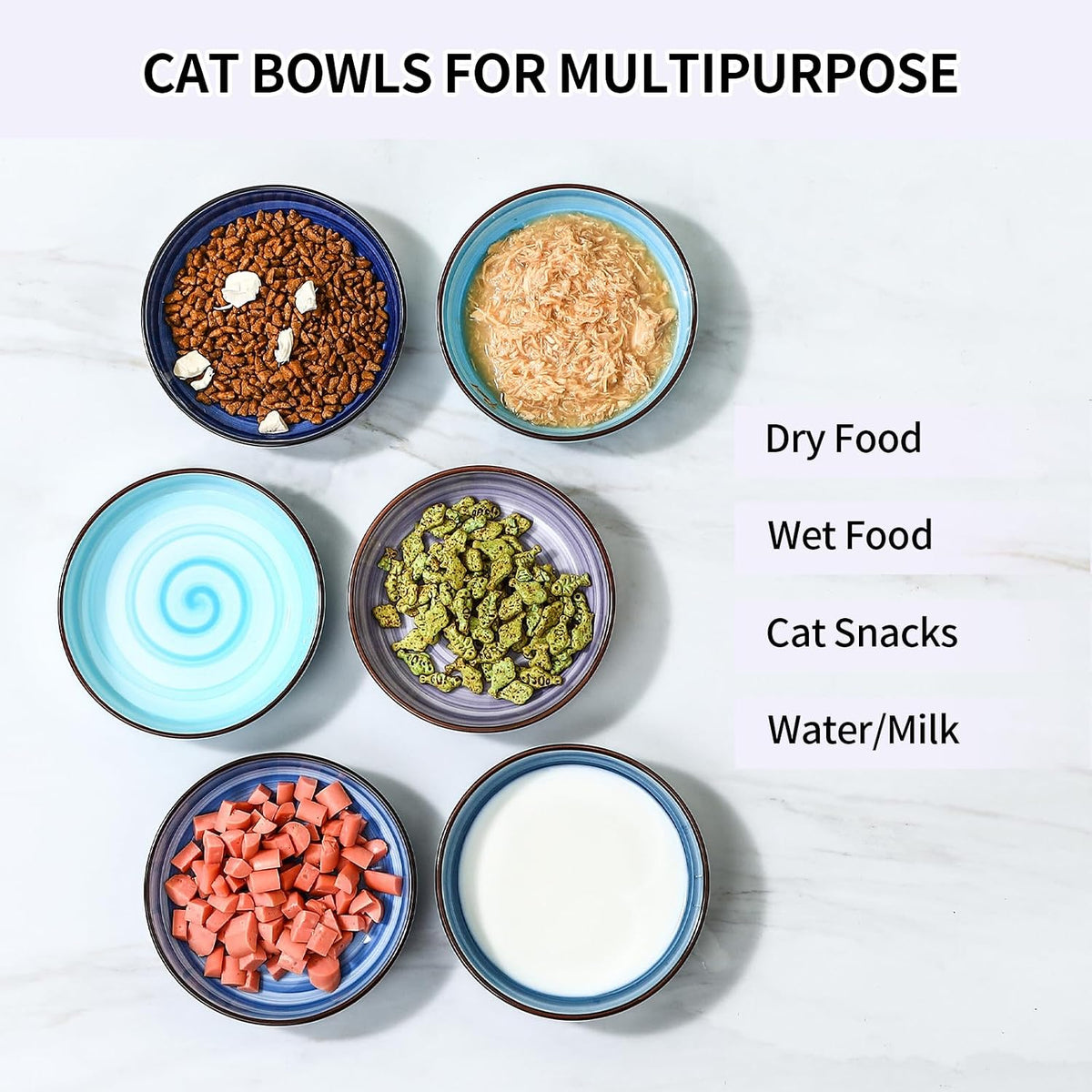 Selamica Ceramic Cat Bowls Set of 6, 5.6 Inch Cat Food Bowl, Gradient Blue