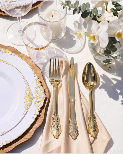 Nervure 350Pcs Gold Plastic Plates, Disposable Dinnerware Set for 50 Guests