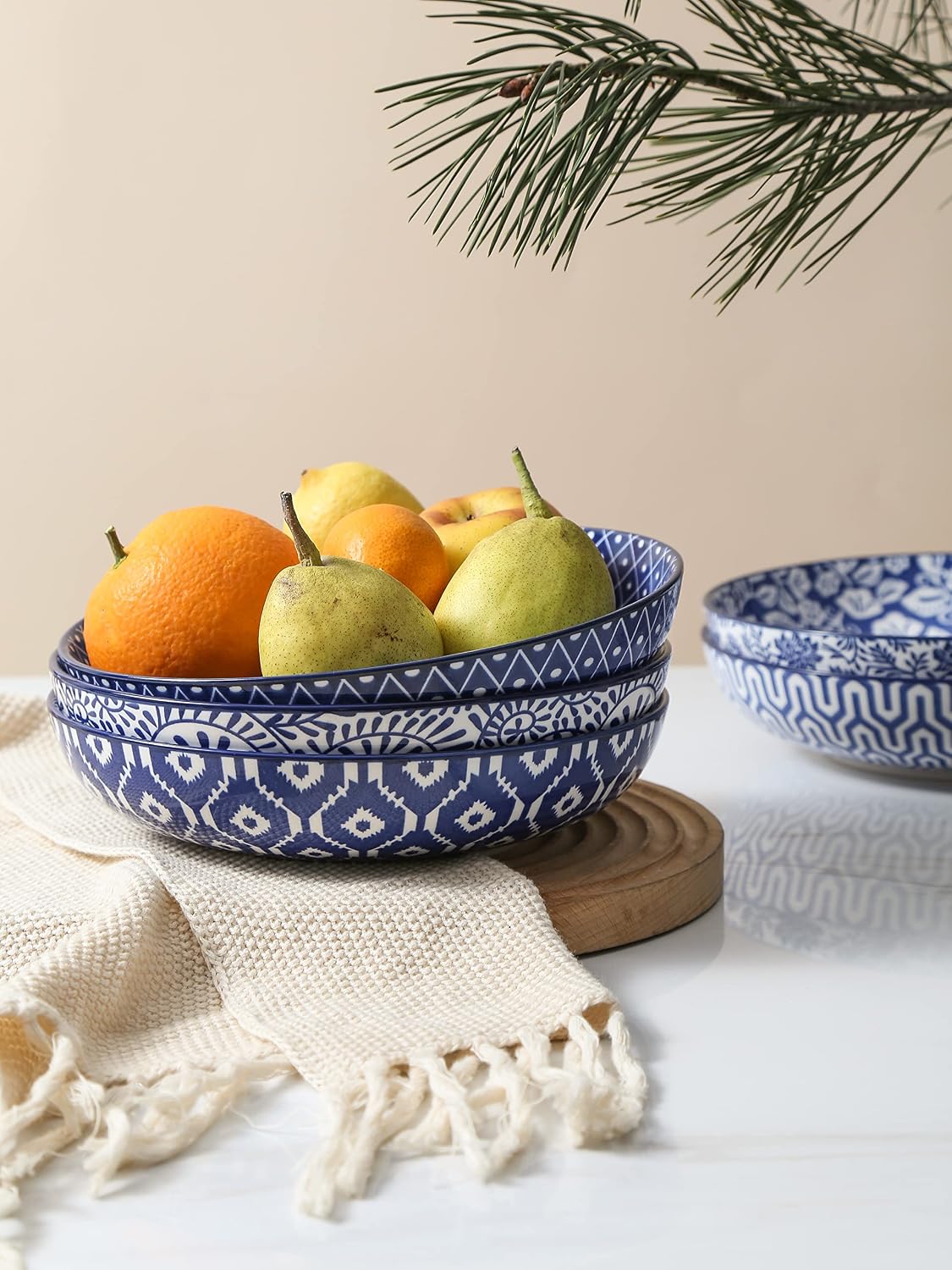 Selamica Porcelain 26 Ounce Pasta Bowls Set of 6, 8 inch Wide and Shallow Salad Bowls, Serving Bowls, Microwave & Dishwasher Safe, Sturdy & Stackable, Vintage Blue