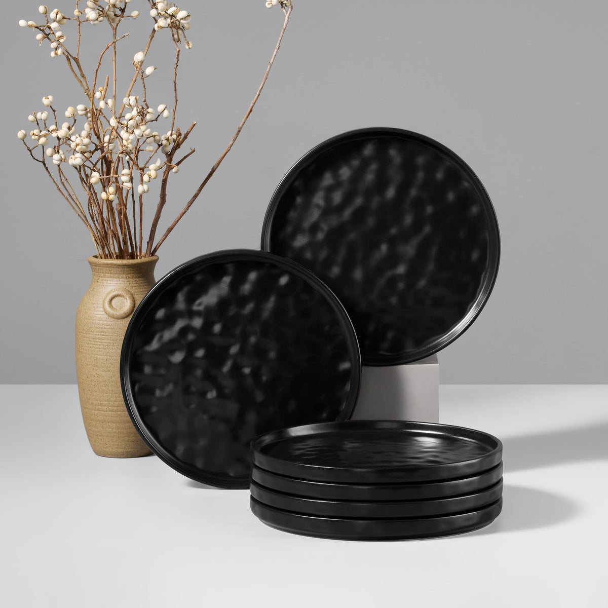 HaWare Stoneware Dinner Plates Set of 6, 10" Heavy Duty Ceramic Plate, Reactive Glaze Ripple Dinnerware for Home Restaurant, Chip and Scratch Resistant, Microwave and Dishwasher Safe, Matte Black