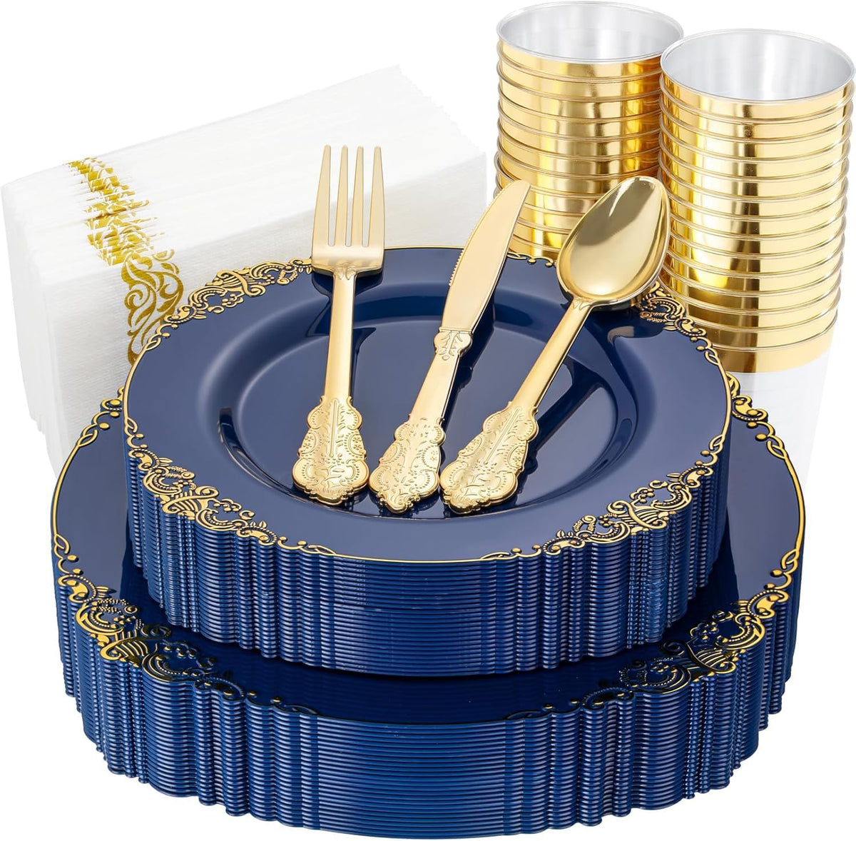 Nervure 350Pcs Gold Plastic Plates, Disposable Dinnerware Set for 50 Guests
