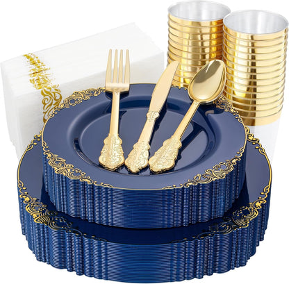 Nervure 350Pcs Gold Plastic Plates, Disposable Dinnerware Set for 50 Guests