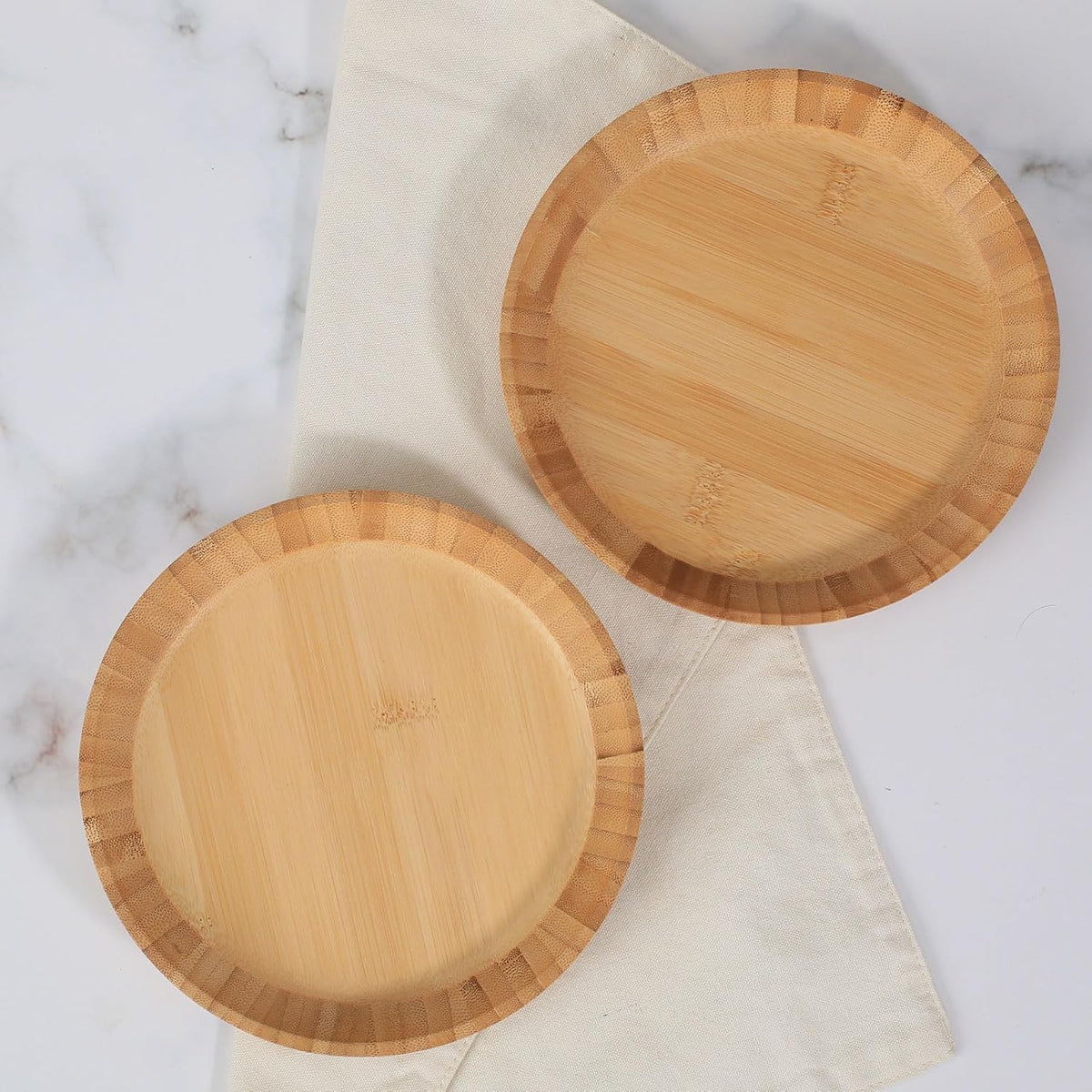 Bamboo Dinner Plates Set of 2, 7.5-inch Wooden Serving Plates with Raised Edges for Snack/Dessert, Round Lightweight Dishes Doubles as Pasta Bowls for Fruit/Salads, Wide and Shallow