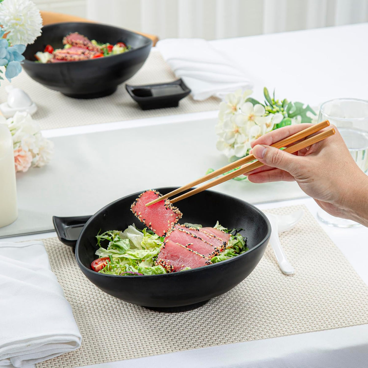Restaurantware Voga 44 Ounce Serving Bowls 2 Premium Dinner Bowls - Top Rack Dishwashable Unique Black Melamine Salad Bowls Serve Hot And Cold Foods For Parties Or Events