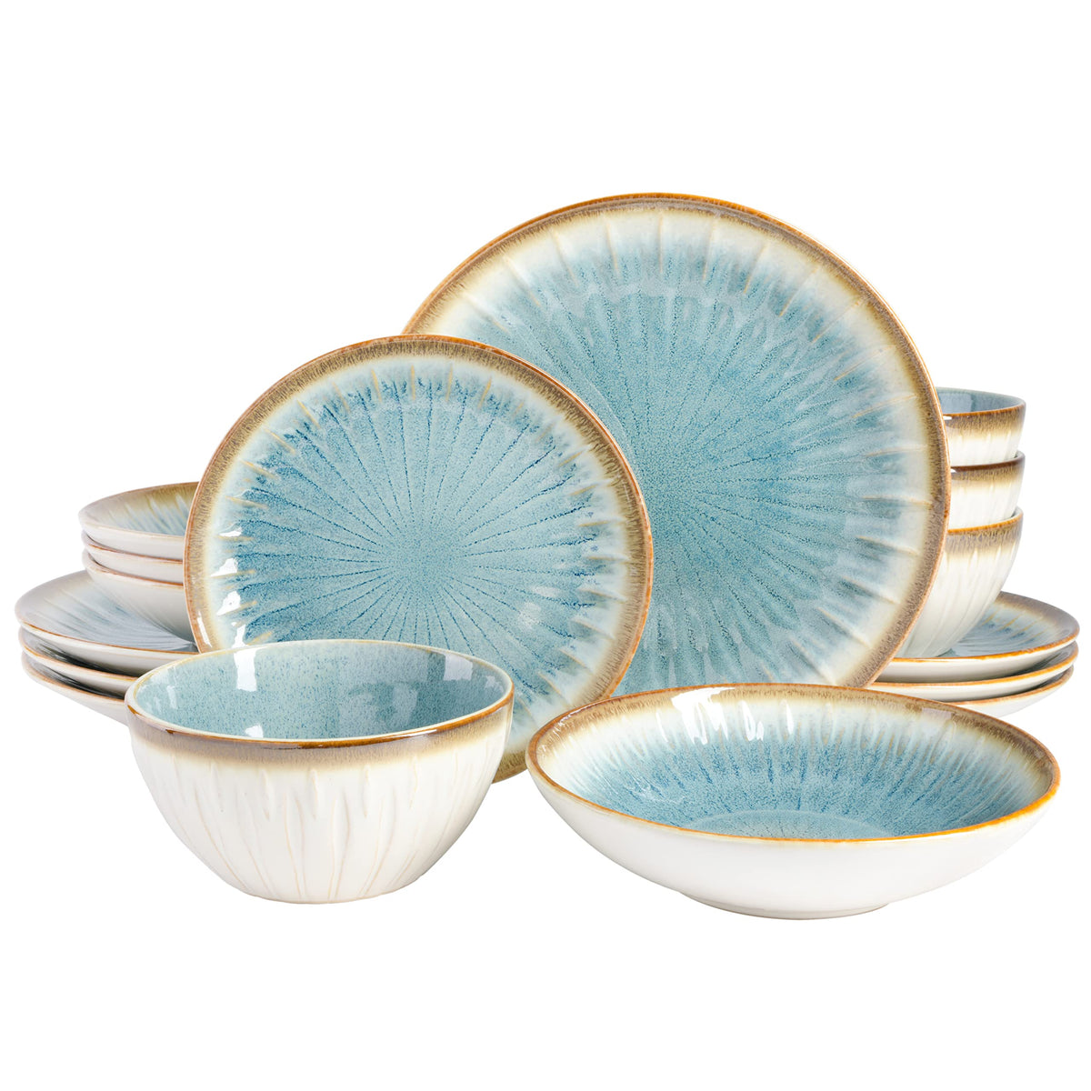Gibson Elite Tribeca Loft 16-Piece Dinnerware Set – Matte Black and Blue Reactive Glaze Stoneware, Double Bowl Round Plates and Bowls – Modern Rustic Dinnerware for 4, Dishwasher & Microwave Safe