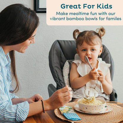 Nook Theory Bamboo Dinnerware Set for Kids – 18 Oz Bowls and Plates Combo for Everyday Meals (Celebration 8")