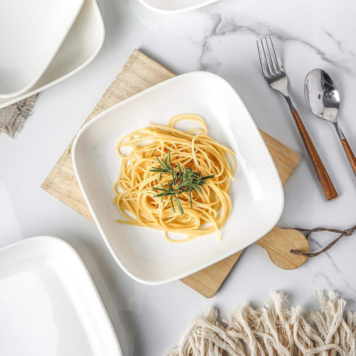 Selamica Porcelain 8-inch Square Dinner Plates, Pasta Salad Bowls, Set of 6, White