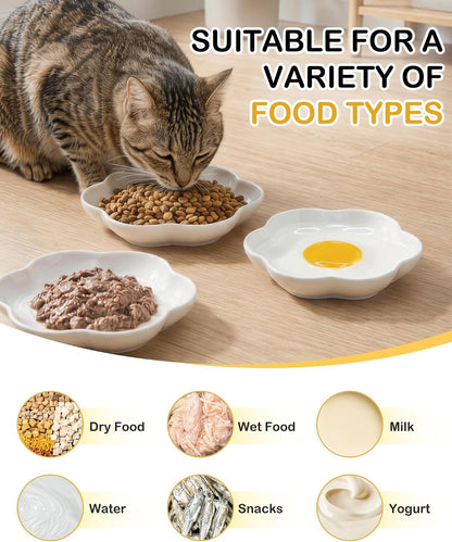 TRUVIC 3 Pack Ceramic Cat Food Bowls, 5.9 Inch Ceramic Cat Dishes Set for Indoor Cats and Small Dogs, Anti Whisker Fatigue Kitten Bowls, Wide Shallow Kitten Plates for Food and Water (Fried Egg)