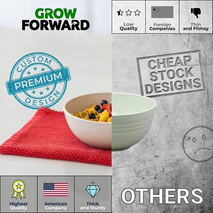 Grow Forward Premium Wheat Straw Bowls - 20oz Microwave Safe Plastic Cereal Bowls Set of 8 for Kitchen, Camping, RV, Dessert, Snack, Soup, Salad, Fruit - Reusable, Unbreakable & BPA Free - Sahara