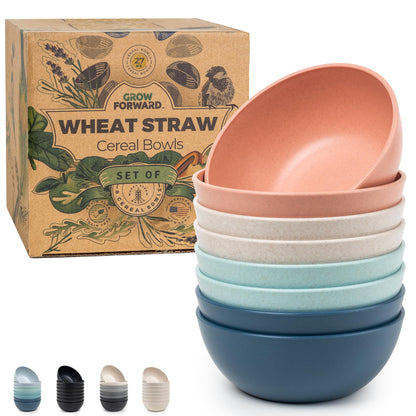Grow Forward Premium Wheat Straw Bowls - 20oz Microwave Safe Plastic Cereal Bowls Set of 8 for Kitchen, Camping, RV, Dessert, Snack, Soup, Salad, Fruit - Reusable, Unbreakable & BPA Free - Sahara