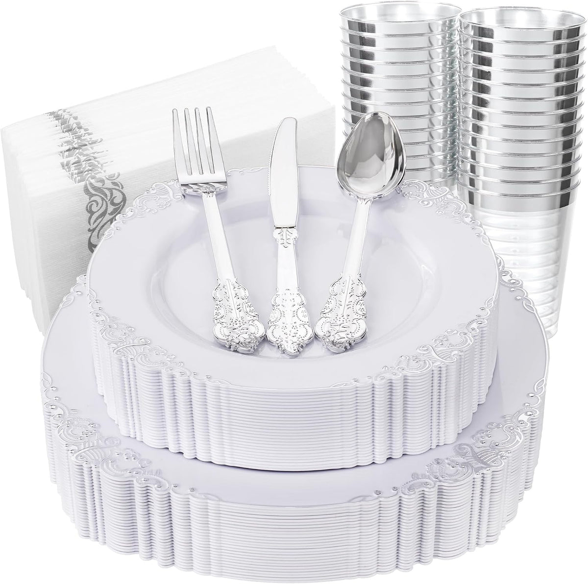 Nervure 350Pcs Gold Plastic Plates, Disposable Dinnerware Set for 50 Guests