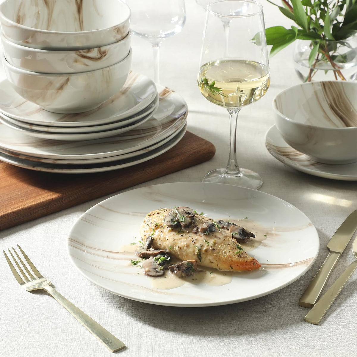 Gibson Home Cloudlight 12 Piece Plates and Bowls Dishes Brown and White - Decorated Porcelain Ceramic Dinnerware Set - Service for 4