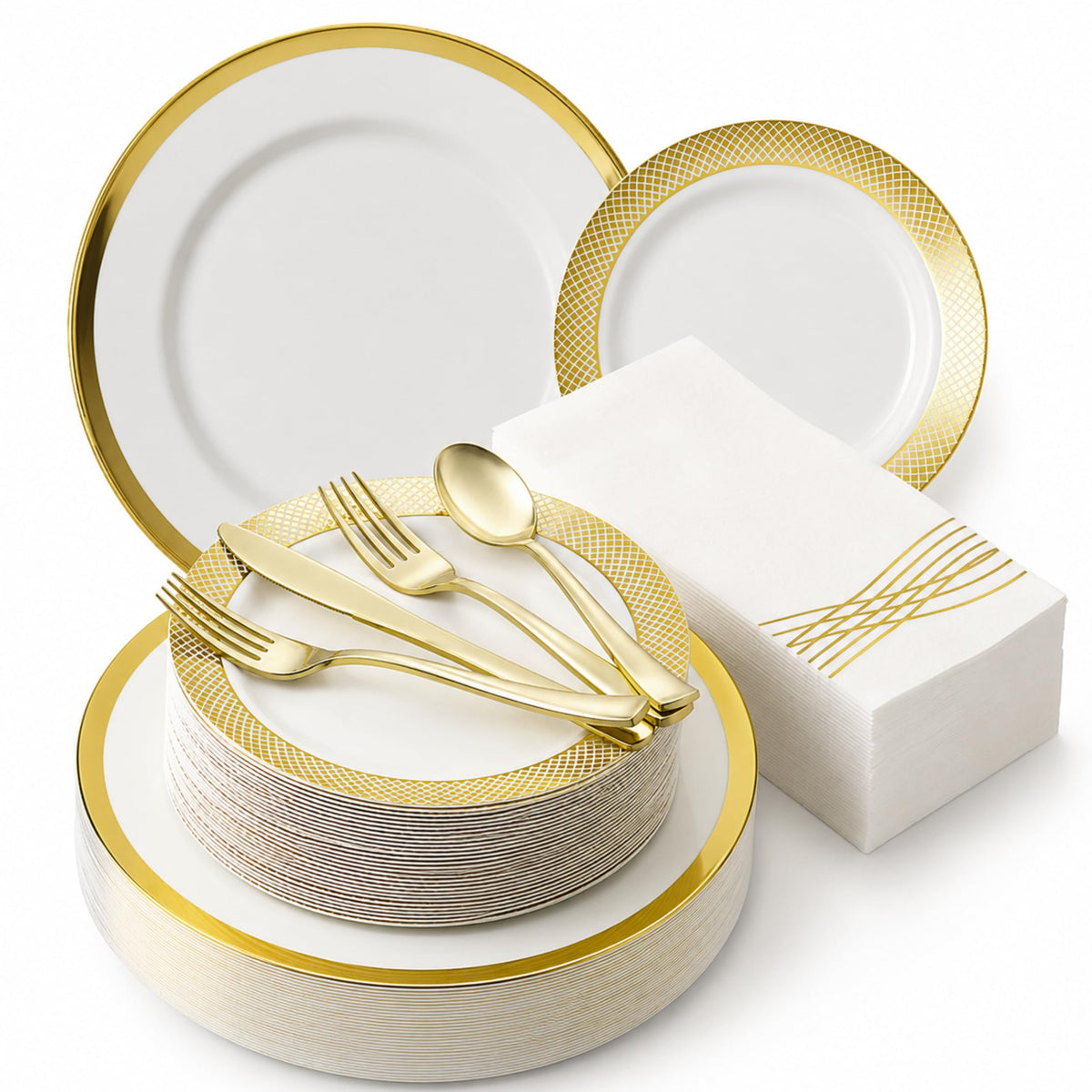 By Madee HEAVYWEIGHT White Plastic Plates with Gold Trim 175 PCS