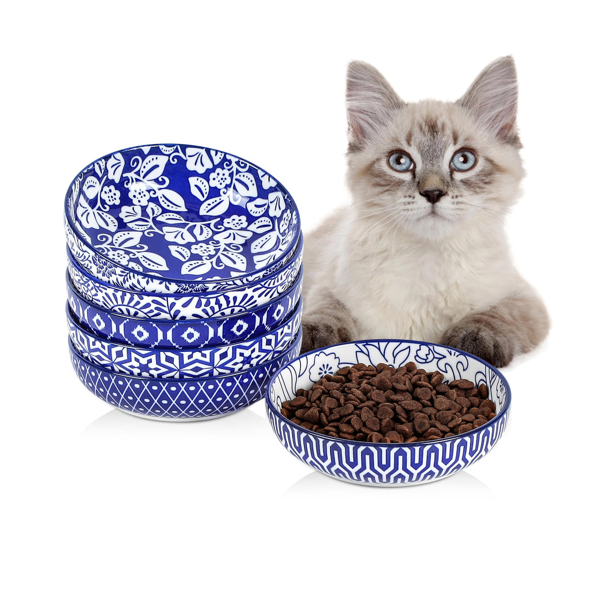 Selamica Ceramic Cat Bowls Set of 6, 5.6 Inch Cat Food Bowl, Gradient Blue