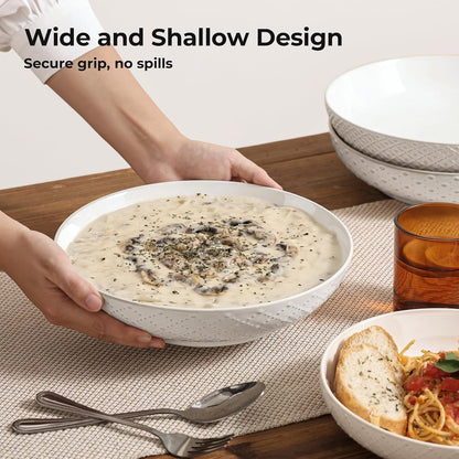 Y YHY Large Pasta Bowls, 45 oz Embossed Salad Bowls for Serving Soup, Noodle, Dessert, Dinner, Kitchen Deep Plates, 9.75" Porcelain Shallow Bowls, Soft White Dishes for House-warming Wedding Present
