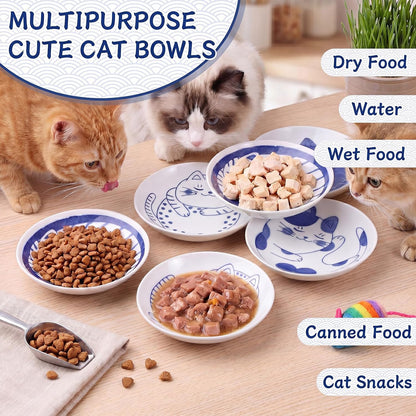 8 Pcs Kawaii Cat Ceramic Bowls Set, 4 Inch Shallow Cat Food Dish