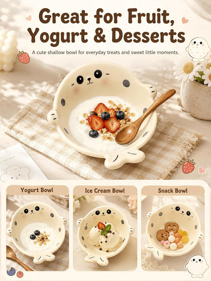 Cute Seal Ceramic Bowl with Wooden Spoon, Ice Cream Bowl, Cream