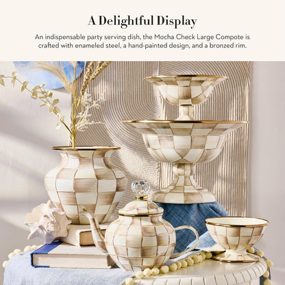 MACKENZIE-CHILDS Enamel Compote, Large, Brown-and-White Mocha Check