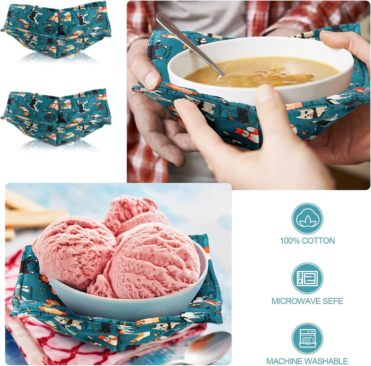 Cunhill 4 Pcs Cotton Microwave Bowl Cozy,Blue,Dog Style