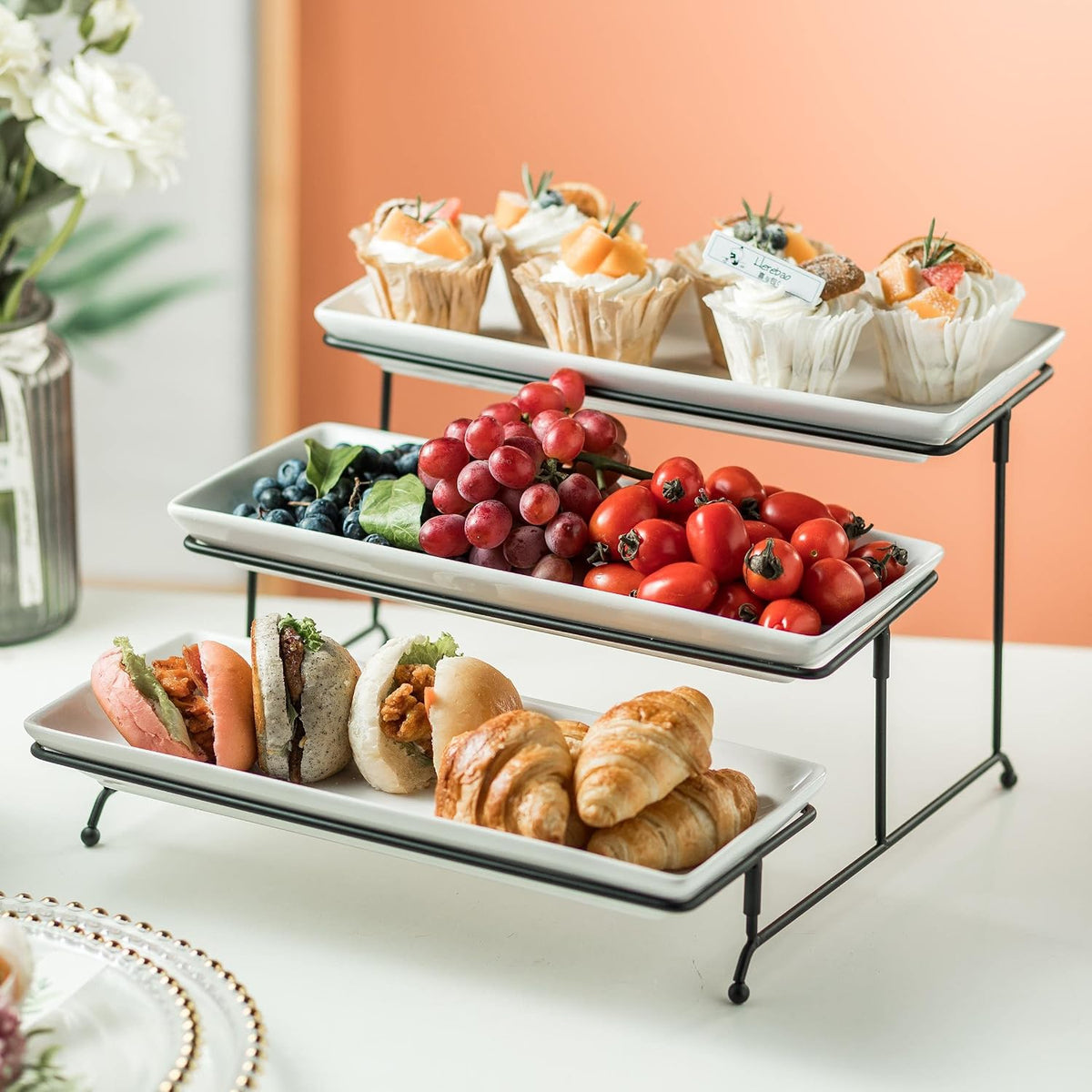 Gomakren 3 Tier Rectangular Serving Tray 14 Inch Serving Platters and Stand