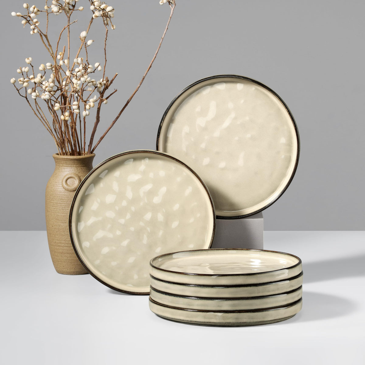HaWare Stoneware Dinner Plates Set of 6, 10" Heavy Duty Ceramic Plate, Reactive Glaze Ripple Dinnerware for Home Restaurant, Chip and Scratch Resistant, Microwave and Dishwasher Safe, Matte Black