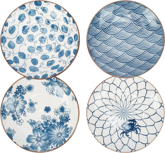 Small Ceramic Dessert Plates Set of 4, 7 Inch (13oz), Appetizer Plates for Sushi, Snacks, Fruit & Side Dishes, Japanese Blue and White Plates, Microwave & Dishwasher Safe