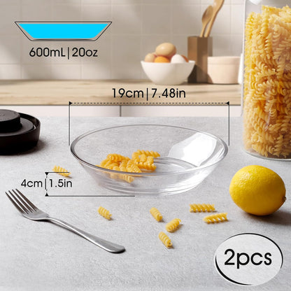 NUTRIUPS Small Glass Pasta Bowl 2 Pack, 20oz Glass Plate Bowls for Soup, Salad and Dessert, Microwave,Oven and Dishwasher Safe, 7 Inch (POUGINE Set)