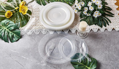 FULING 175 PCS Clear Party Supplies Disposable Dinnerware Set Plastic Plates and Paper Napkins Cups Silverware Serve 25 Sets for Birthday Bridal Shower Wedding Engagement Graduation Parties
