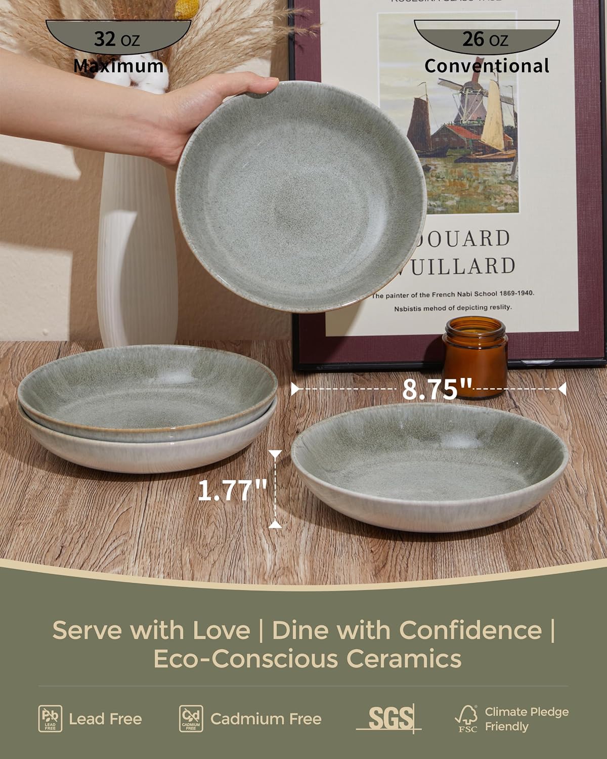 Pokini 8.75'' Ceramic Pasta Bowls Set of 4, Salad Bowls Pasta Serving Bowls