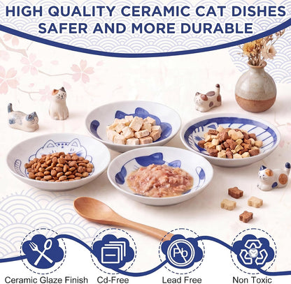8 Pcs Kawaii Cat Ceramic Bowls Set, 4 Inch Shallow Cat Food Dish