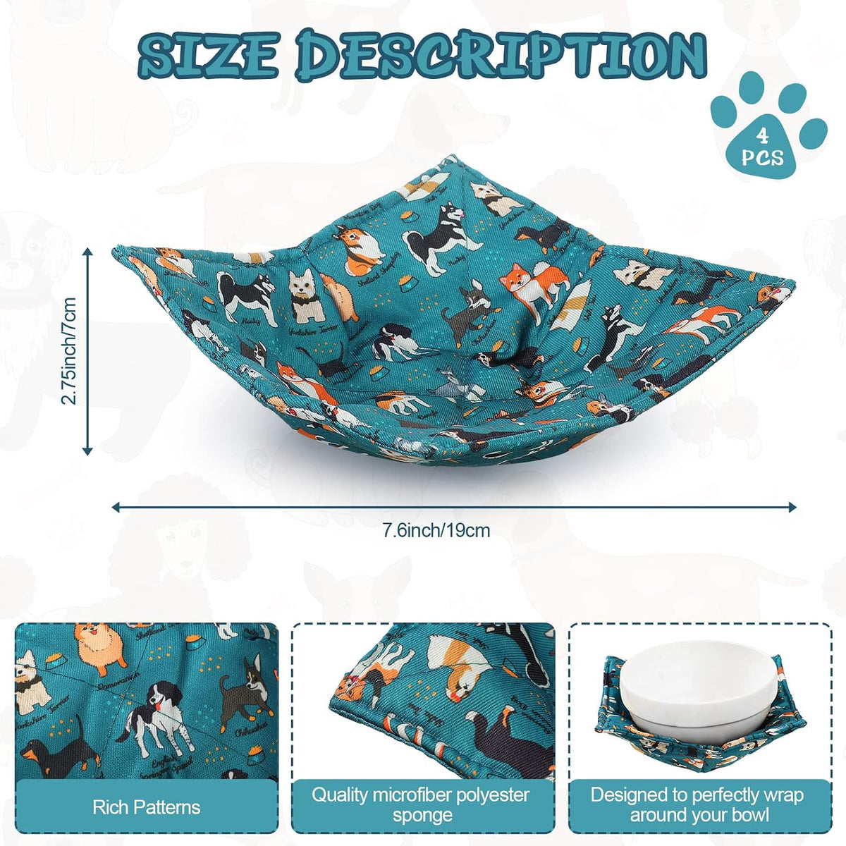 Cunhill 4 Pcs Cotton Microwave Bowl Cozy,Blue,Dog Style