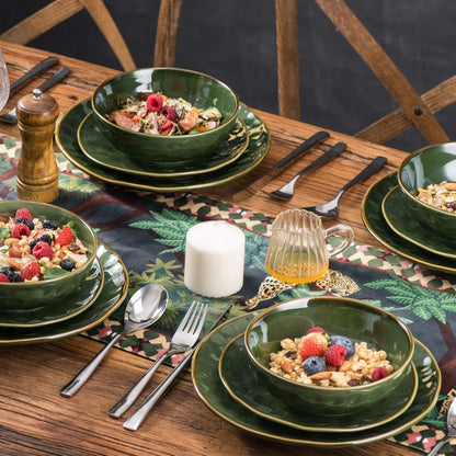 vicrays Ceramic Salad Bowls Set for Kitchen, Serving - 32 Ounce Soup Bowls, Pasta Bowls, Chip Resistant, Dishwasher Microwave Safe, Large, Fluted, stoneware, Set of 4 (Green)